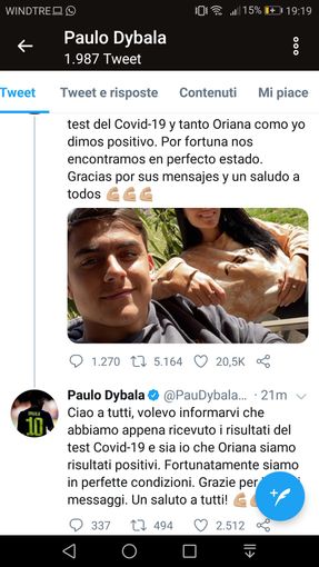 Coronavirus, anche Dybala è positivo: "Ma sto bene, come la mia fidanzata" Coronavirus, anche Dybala è positivo: "Ma sto bene, come la mia fidanzata"