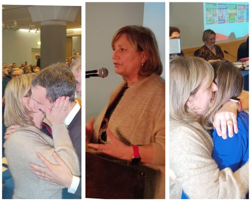 Collage con abbracci e Pentenero che parla