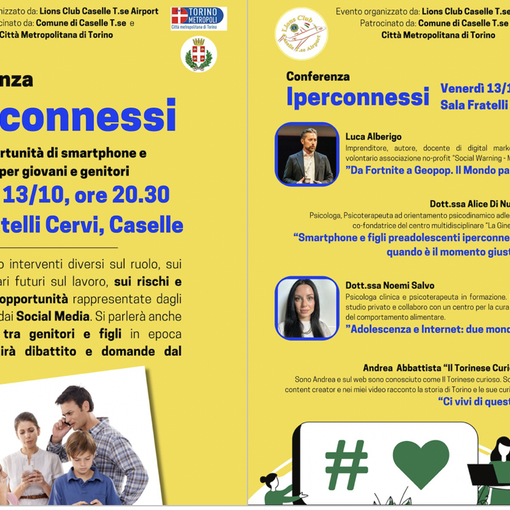Lions Club Caselle organizza la conferenza “Iperconnessi – Rischi e opportunità di smartphone e social media per giovani e genitori”