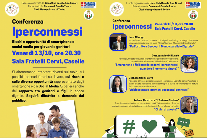 Lions Club Caselle organizza la conferenza “Iperconnessi – Rischi e opportunità di smartphone e social media per giovani e genitori” Lions Club Caselle organizza la conferenza “Iperconnessi – Rischi e opportunità di smartphone e social media per giovani e genitori”