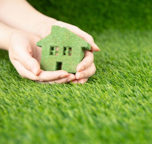 casetta verde sollevata da mani in mezzo all'erba