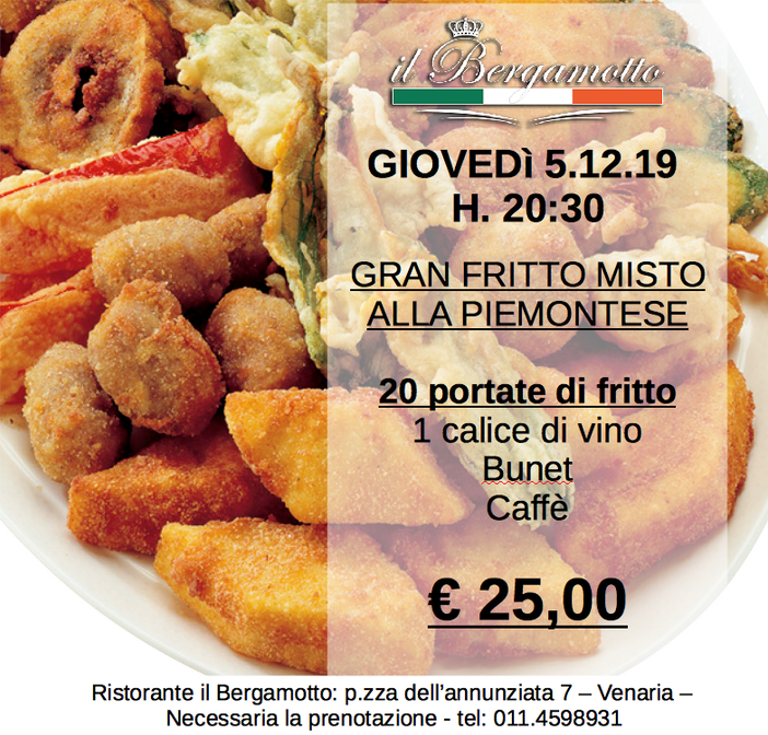 Venaria: giovedì 5 dicembre un appuntamento dedicato al fritto misto alla piemontese