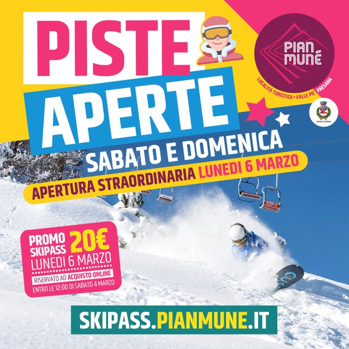 Neve fresca, apertura straordinaria del lunedì a Pian Munè di Paesana