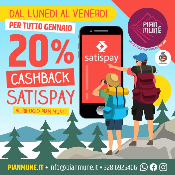 Pian Munè: arriva il cashback Satispay Pian Munè: arriva il cashback Satispay