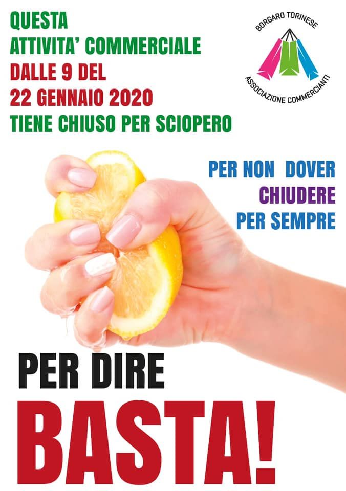 Un volantino che annuncia forme di protesta nel commercio a Borgaro Torinese