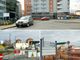 Le auto parcheggiate davanti alla rotatoria ed il parcheggio occupato dalle tende militari