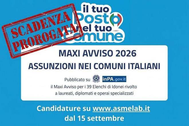Maxi avviso ASMEL 2026, boom di candidature: prorogata la scadenza al 15 ottobre Maxi avviso ASMEL 2026, boom di candidature: prorogata la scadenza al 15 ottobre