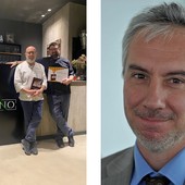 Il Nocciolino d'oro Gian Luigi Giachino, con il figlio Alessandro e il Nocciolino d’Tola, Massimo Gaudina