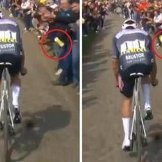 Scandalo Parigi-Roubaix, tifoso lancia borraccia in faccia a Van der Poel - Video