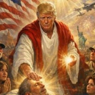 Luce divina e fedeli in preghiera, Trump come Gesù nell'immagine Ai postata su Truth Luce divina e fedeli in preghiera, Trump come Gesù nell'immagine Ai postata su Truth