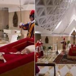 Papa Francesco, diffusa prima immagine della salma: veste liturgica rossa e rosario tra le mani